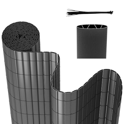 Fiqops Sichtschutzzaun Verstärkte Lamellen, PVC Sichtschutzmatte Grau Wetterfest Sichtschutz 80 x 500cm Garten Balkon Terrasse Sichtschutz Windschutz mit Kabelbindern von Fiqops