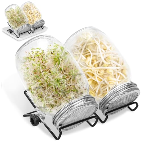 Fiqops Sprossenglas Keimglas, 4er Set 950ML Sprossenglas mit Deckel & Sieb, Kapazität 4 Einstellbare Halterung 2 Tablett, Sprossen Keimgerät für Alfalfa Kresse Brokkoli Mungobohnen von Fiqops