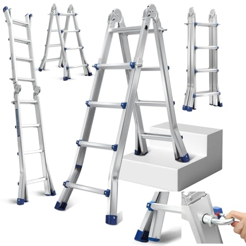 Fiqops Teleskopleiter 4M x 4 Stufen Ausziehleiter Rutschfester Alu Klappleiter, 150 KG/330LB Belastbarkeit Mehrzweckleiter,Ausziehbare Leiter Aluminiumleiter von Fiqops
