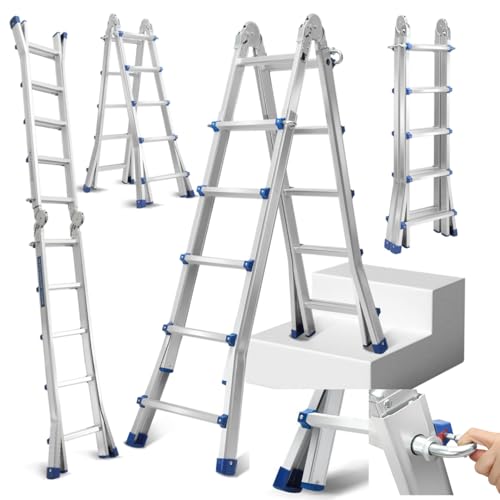 Fiqops Teleskopleiter 5.1M x 5 Stufen Ausziehleiter Rutschfester Alu Klappleiter, 150 KG/330LB Belastbarkeit Mehrzweckleiter,Ausziehbare Leiter Aluminiumleiter von Fiqops