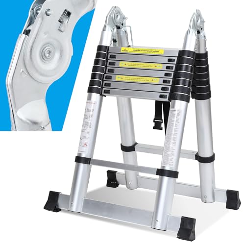 Fiqops Teleskopleiter Klappleiter Aluminium 5m(2.5m+2.5m), Ausziehbare Leiter mit Tragegriff, Anti-Rutsch Mehrzweckleiter Tragbare Alu Leiter, Maximale Tragfähigkeit 150kg von Fiqops