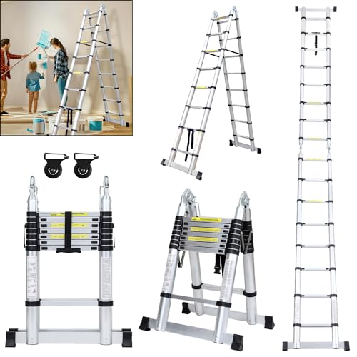 Fiqops Teleskopleiter Mit Rädern, 5M (2,5+2,5) Rutschfester Aluminium Stehleiter, 150 kg/330 Pfund Belastbarkeit Ausziehbare Leiter, Aluminiumleiter mit Tragegriff, Mehrzweckleiter von Fiqops