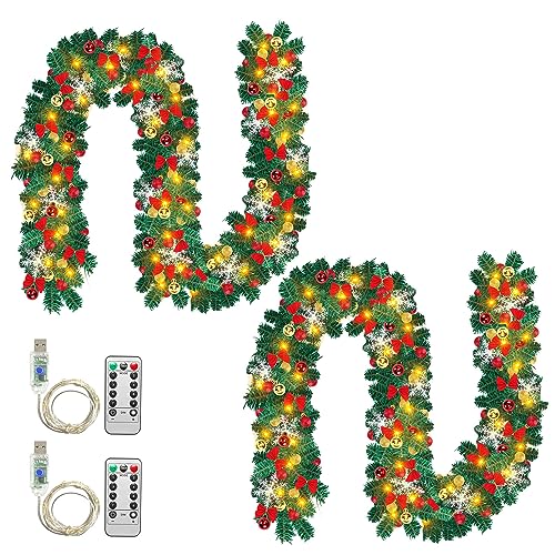 Fiqops Weihnachtsgirlande mit Beleuchtung, 2er 5m 100 LEDs Warmweiß inkl.Deko und Fernbedienung, Künstliche Tannengirlande USB 8 Modus Lichterketten, Weihnachtsdeko für Kamine Treppen Wand von Fiqops