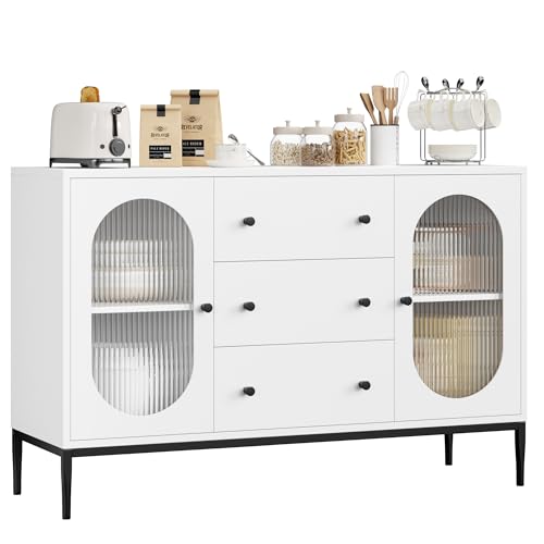 FirFurd 120cm Breit Sideboard Küchenschrank mit 2 Glastüren 3 Schubladen, Buffetschrank Holz, Aufbewahrungsschrank für Küche Wohnzimmer Esszimmer 120 x 38 x 80 cm Weiß von FirFurd