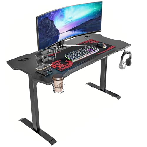 FirFurd Gaming Tisch, 140x60cm Computertisch PC Schreibtisch mit Kohlefaseroberfläche, Mausunterlage, Kopfhörerhaken, Gamepad-Halter und Getränkehalter, schwarz von FirFurd