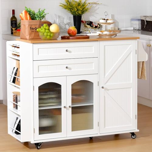 FirFurd Kücheninsel mit klappbarer Arbeitsplatte Küchenschrank mit Rollen Küchenwagen mit 2 Schubladen und 3 Türen Buffetschrank für Küche Wohnzimmer Küchenbuffet mit Regal 132x97,5x40 cm weiß von FirFurd