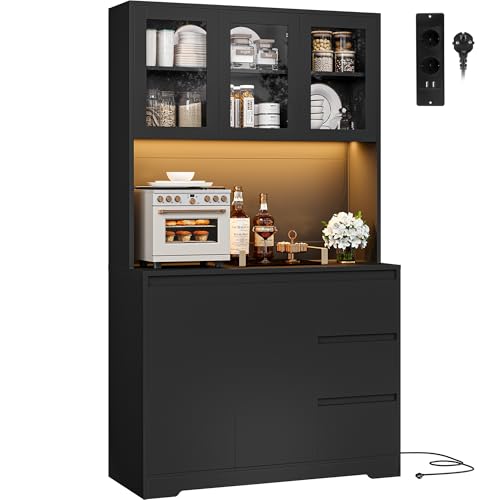 FirFurd Küchenschrank Buffetschrank mit LED Sideboard für Küche mit Steckdosenleiste Küchenschrank mit Arbeitsplatte und 3 Schubladen Küchenbuffet mit Verstellbares Regal 180x100x38.5 cm (schwarz) von FirFurd