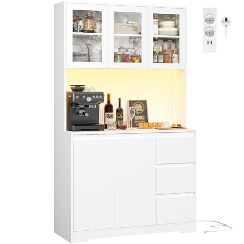 FirFurd Küchenschrank Buffetschrank mit LED Sideboard für Küche mit Steckdosenleiste Küchenschrank mit Arbeitsplatte und 3 Schubladen Küchenbuffet mit Verstellbares Regal 180x100x38.5 cm weiß von FirFurd