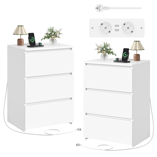 FirFurd Nachttisch 2er Set mit Steckdose, Beistelltisch Nachtschrank Kommode mit 3 Schubladen & 2 AC-Steckdosen & 2 USB-Anschlüsse Schubladenschrank für Schlafzimmer Wohnzimmer 45 x 38 x 66 cm weiß FirFurd Nachttisch 2er Set mit Steckdose, Beistelltisch Nachtschrank Kommode mit 3 Schubladen & 2 AC-Steckdosen & 2 USB-Anschlüsse Schubladenschrank für Schlafzimmer Wohnzimmer 45 x 38 x 66 cm weiß von FirFurd