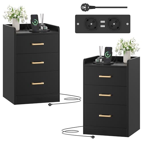 FirFurd Nachttisch 2er Set mit Steckdose Beistelltisch Nachtschrank Kommode mit 3 Schubladen 2 AC-Steckdosen und 2 USB-Anschlüsse, für Schlafzimmer Wohnzimmer Arbeitszimmer, 40 x 38 x 66 cm schwarz FirFurd Nachttisch 2er Set mit Steckdose Beistelltisch Nachtschrank Kommode mit 3 Schubladen 2 AC-Steckdosen und 2 USB-Anschlüsse, für Schlafzimmer Wohnzimmer Arbeitszimmer, 40 x 38 x 66 cm schwarz von FirFurd