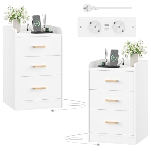 FirFurd Nachttisch 2er Set mit Steckdose Beistelltisch Nachtschrank Kommode mit 3 Schubladen 2 AC-Steckdosen und 2 USB-Anschlüsse, für Schlafzimmer Wohnzimmer Arbeitszimmer, 40 x 38 x 66 cm weiß von FirFurd