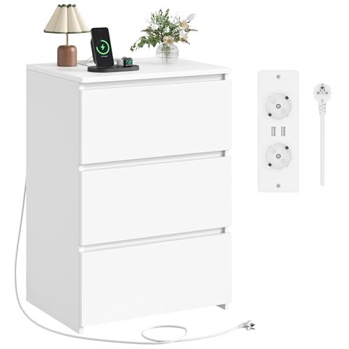 FirFurd Nachttisch mit Steckdose Beistelltisch Nachtschrank Kommode mit 3 Schubladen & 2 AC-Steckdosen & 2 USB-Anschlüsse Schubladenschrank für Schlafzimmer Wohnzimmer Büro 45 x 38 x 66 cm weiß von FirFurd