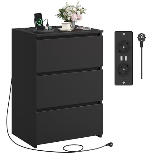 FirFurd Nachttisch mit Steckdose Beistelltisch Nachtschrank Kommode mit 3 Schubladen & 2 AC-Steckdosen & 2 USB-Anschlüsse Schubladenschrank für Schlafzimmer Wohnzimmer Büro 45 x 38 x 66 cm schwarz von FirFurd