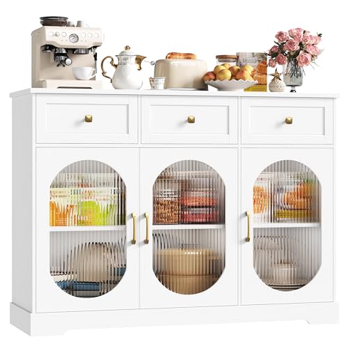 FirFurd Sideboard 120cm Breit Küchenschrank mit Arbeitsplatte Sideboard für Küche Wohnzimmer Buffetschrank mit 3 Schubladen & 3 Glasstüren Küchenbuffet mit Verstellbares Regal weiß 120x89x39.8cm von FirFurd