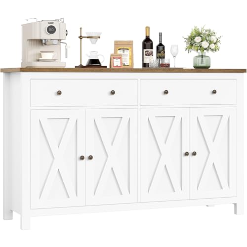 FirFurd Sideboard 140cm Breit Küchenschrank mit Arbeitsplatte Buffetschrank mit 2 Schubladen und 4 Türen Küchenbuffet mit Verstellbares Regal Sideboard für Küche Wohnzimmer Esszimmer weiß 140x89x40 cm von FirFurd