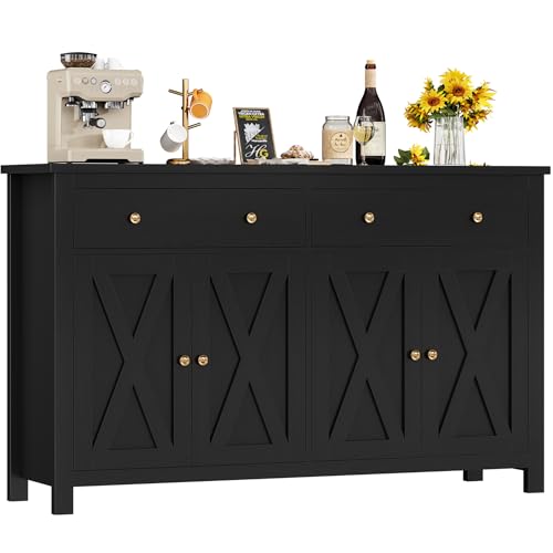 FirFurd Sideboard 140cm Breit Küchenschrank mit Arbeitsplatte Buffetschrank mit 2 Schubladen und 4 Türen Küchenbuffet mit Verstellbares Regal Sideboard für Wohnzimmer Küche 140x89x40 cm (schwarz) von FirFurd