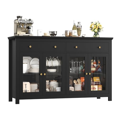 FirFurd Sideboard 140cm Breit Küchenschrank mit Arbeitsplatte Sideboard für Küche Wohnzimmer Buffetschrank mit 2 Schubladen & 4 Glasstüren Küchenbuffet mit Verstellbares Regal 140x90.7x40cm (schwarz) von FirFurd