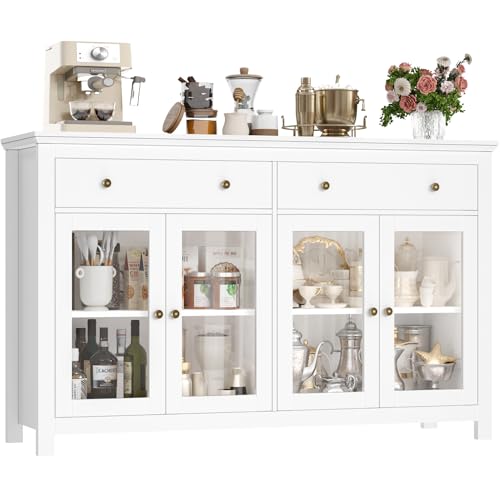 FirFurd Sideboard 140cm Breit Küchenschrank mit Arbeitsplatte Sideboard für Küche Wohnzimmer Buffetschrank mit 2 Schubladen & 4 Glasstüren Küchenbuffet mit Verstellbares Regal weiß 140x90.7x40cm von FirFurd
