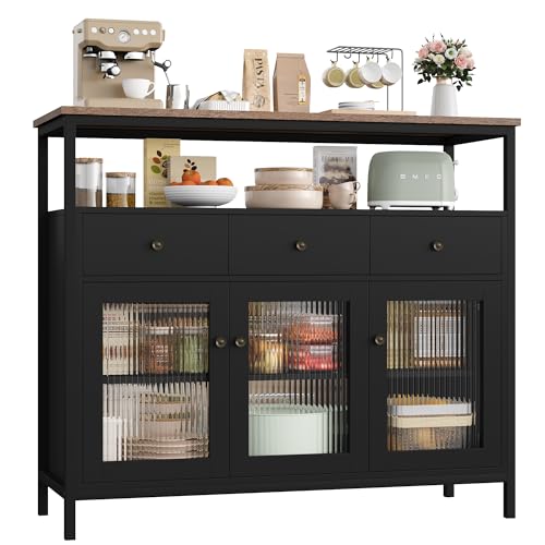 FirFurd Sideboard Küchenschrank mit Arbeitsplatte ＆3 Schubladen＆3 Glastüren, Buffetschrank Kommode Kaffeebar Mehrzweckschrank, Sideboard für Wohnzimmer Küche Esszimmer 108 x 38 x 98,5 cm schwarz von FirFurd