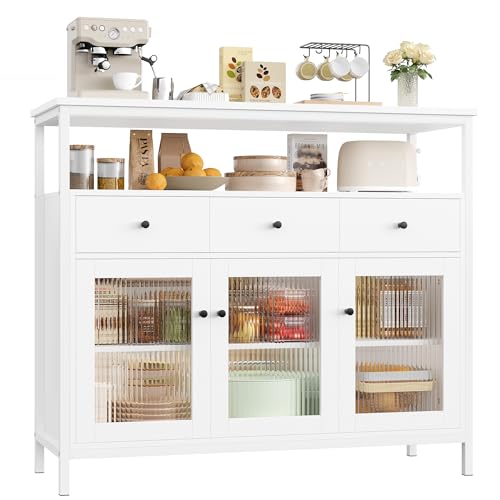 FirFurd Sideboard Küchenschrank mit Arbeitsplatte ＆3 Schubladen＆3 Glastüren, Buffetschrank Kommode Kaffeebar Mehrzweckschrank, Sideboard für Wohnzimmer Küche Esszimmer 108 x 38 x 98,5 cm weiß von FirFurd
