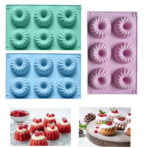 Firavggu 3 Stk Mini Gugelhupfform Silikon Gugelhupf Form Silikonform 6 Capacity Klein Savarin Gugelhupf Kuchenform Backform Antihaftbeschichted Cake Form für Kuchen Muffins Brownie Pudding von Firavggu