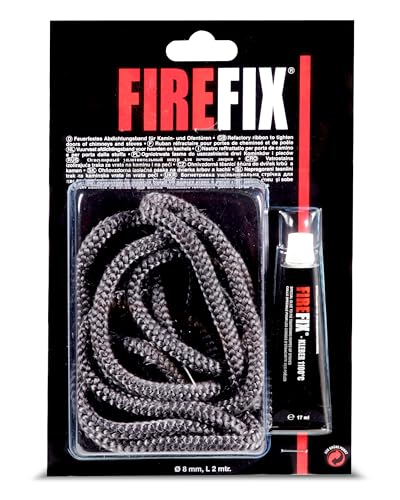 FIREFIX 2043 Kaminkordel ø 8mm, grau I 2m Ofendichtschnur für Kaminofen I Rundkordel I Ofendichtung mit bis zu 1100 °C hitzebeständigem Kleber 17ml von FIREFIX