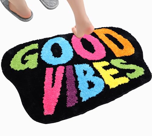 Firecos Badematte rutschfeste Kreative Fußmatte Badezimmerteppiche Plüsch Teppich Beflockt für Schlafzimmer Badezimmer Deko (Good Vibes, 80 x 50 cm) von Firecos