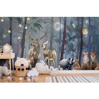 Kinderzimmer Twilight Waldtiere - Bäume Wand Wandbild, Abnehmbare Tapete, Traditionelle Schale Und Stock, Wandbedeckung von FirefliesUK