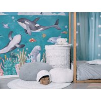 Neu Peel & Stick Oder Traditionelle Meerestiere Kinderzimmer Baby Abnehmbare Tapete - Wal Delfin Fisch Seepferdchen Unter Dem Meer von FirefliesUK