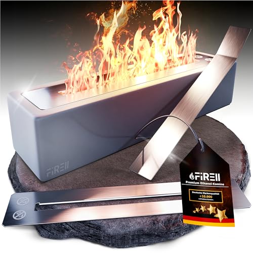 Firell Bioethanol Tischkamin aus Beton - Ethanol Tischfeuer Outdoor 36x10x8 cm - Kamin mit [3h] Brenndauer - Verstellbare Flamme - 4,2kg Sicheres Tisch Kamin Feuer für Garten Balkon Terasse [grau] von Firell