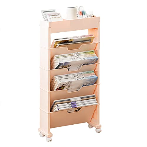 Firlar Klassenzimmer-Bücherregal, Herausnehmbares Bewegliches Bücherregal aus Kunststoff, Mehrschichtig Faltbar mit Universalrad, Skalierbares Buchaufbewahrungsregal, für Wohnzimmer,(Rosa) von Firlar