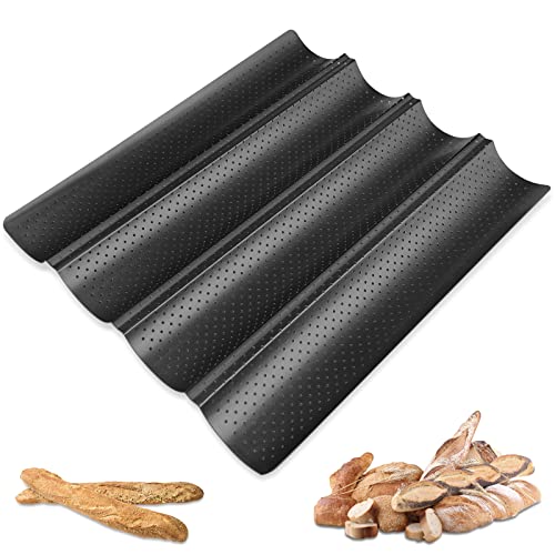 Firschoie Baguette Backblech, Baguette Backform für 4 Baguettes, Baguettepfanne aus Karbonstahl, Perforierte französische Brotpfanne mit Antihaftbeschichtung 38cm × 32cm (schwarz) von Firschoie