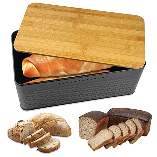 Firschoie Brotkasten, Brotbox mit Bambusabdeckung, Kann als Schneidebrett verwendet werden, Langanhaltende Frische, Brot-Box Zur Aufbewahrung von Brot, Keksen, Eiern (33 x 18 x 13,5 cm Schwarz) von Firschoie