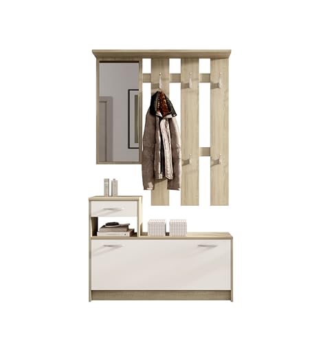 Vera Garderobe mit Spiegel weiß matt - Kompaktgarderobe Korpus Eiche Sonoma Nachbildung - 100 x 190 x 26 cm (B/H/T) von Stella Trading