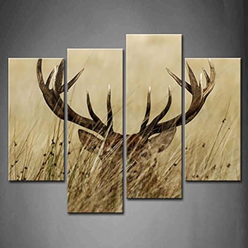 First Wall Art 4 Panel Hirsch leinwand Bilder Wohnzimmer mit langem Geweih in den Büschen Wandkunst Gemälde Der Bilddruck auf Leinwand Tierbilder für Home Decor Dekoration von First Wall Art