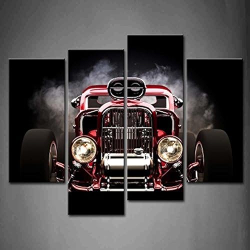 First Wall Art - Auto Leinwand Bilder Retro Rotes Auto mit Rauch auf Schwarzem Hintergrund Wandbild Poster 4 Panel Modern Dekorationen Für das Wohnzimmer,Büro,Küche,Badezimmer,Schlafzimmer von First Wall Art