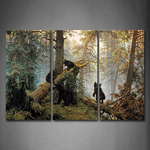 First Wall Art - Bären Spielen im Wald Leinwand Bilder Tiere Wandbild Poster 3 Panel Modern Dekorationen Für das Wohnzimmer,Büro,Küche,Badezimmer,Schlafzimmer von First Wall Art