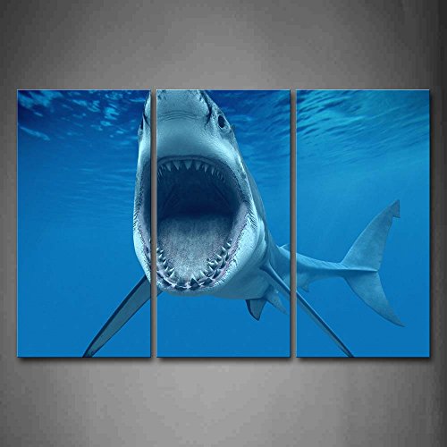 First Wall Art - Hai offener Mund Leinwand Bilder Blaues Meer Badezimmer Wandbild Poster 3 Panel Modern Meereslebewesen Dekorationen Für das Wohnzimmer,Büro,Küche,Schlafzimmer von First Wall Art