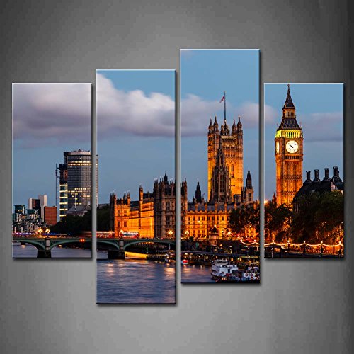 First Wall Art - Londons Big Ben Leinwand Bilder Westminster Bridge und Boot bei Nacht Wandbild Poster 4 Panel Modern Skyline der Stadt des Vereinigten Königreichs Dekorationen Für das Wohnzimmer von First Wall Art