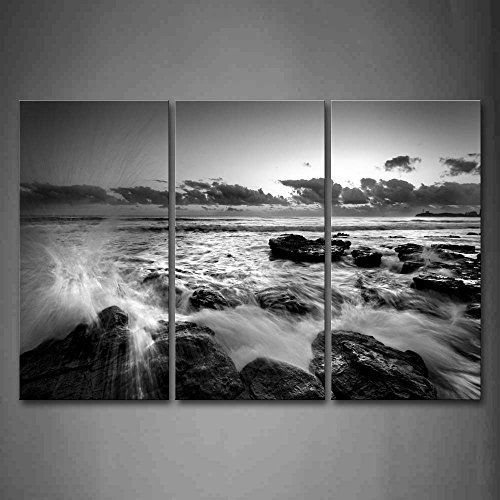 First Wall Art - Schwarz Weiß Leinwand Bilder Wellen Krachen Gegen die Steine Wandbild Poster 3 Panel Modern Seestücke Dekorationen Für das Wohnzimmer,Büro,Küche,Badezimmer,Schlafzimmer von First Wall Art