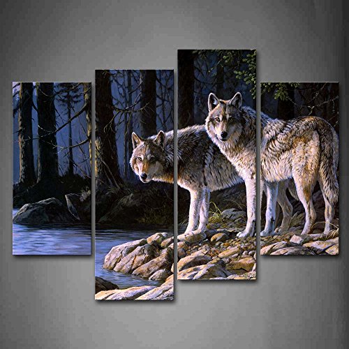 Wolf Tier Bilder Leinwand 4 Teilig Bild Wolf im Wald Fluss Wandbilder Wohnzimmer Moderne für Schlafzimmer Dekoration Wohnung Home Deko Kunstdruck von First Wall Art