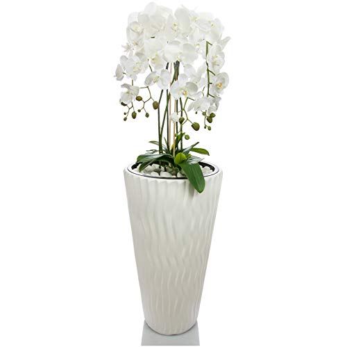 Künstliche Orchideen im Hochübertopf - Gesamthöhe: ca. 130cm | Stoffblüten | Farbe: Weiß | Gesteck Orchidee Kunstpflanze von First