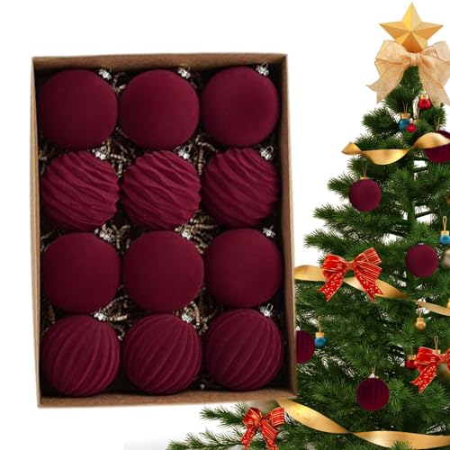Firulab 12 Stück Samt-Weihnachtskugeln, Christbaumschmuck, grün beflockte Weihnachtskugeln, bruchsichere Kunststoffkugeln, dekorative hängende Ornamente von Firulab