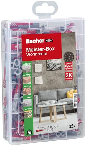 fischer Meister-Box Wohnraum, 132-teiliges Dübelset, 6-10 mm Durchmesser, für Heimwerker und Profis, universeller Einsatz - optimal für unbekannte Untergründe im Innen- und Außenbereich von fischer