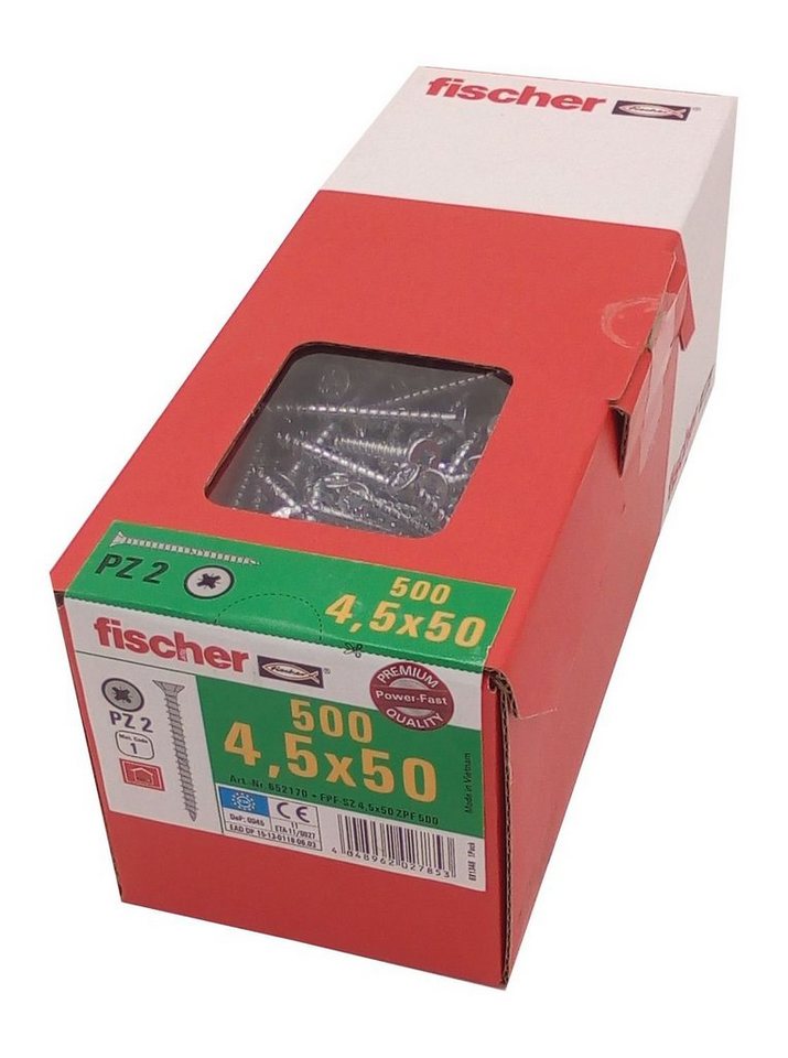 Fischer Befestigungstechnik Schraube 500x fischer Spanplattenschrauben 4,5x50 PZ2 Holzschrauben verzinkt Vo, (500 St) von Fischer Befestigungstechnik