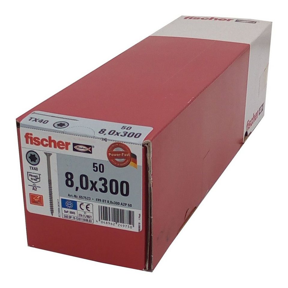 Fischer Befestigungstechnik Schraube 50x fischer Holzschraube 8,0x300 Edelstahl A2 TX Senkkopf Teilgewinde, (50 St) von Fischer Befestigungstechnik