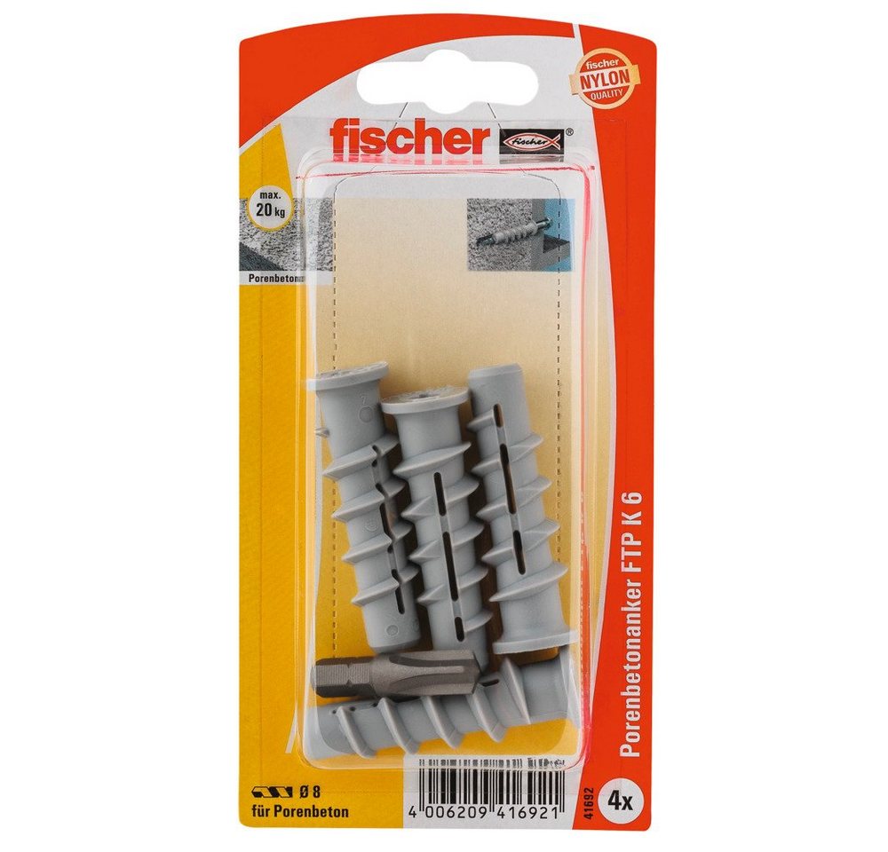 Fischer Befestigungstechnik Schrauben- und Dübel-Set FISCHER Gasbetondübel FTP K 6K mit Bit (4 Stk) von Fischer Befestigungstechnik