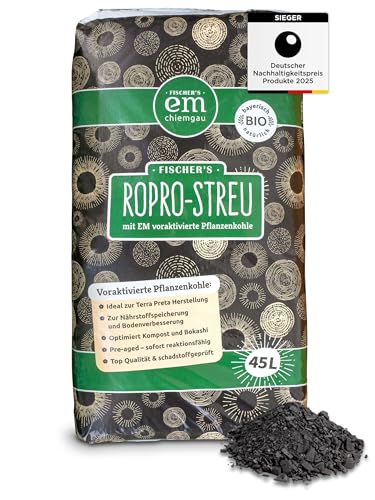 EM-Chiemgau RoPro-Streu Pflanzenkohle - Wurzelaktivator Bodenaktivator & Kompostbeschleuniger [Voraktiviert mit Effektiven Mikroorganismen] für Terra Preta, Bokashi, Humusaufbau, Garten & Stall (45L) von Fischer’s EM-Chiemgau