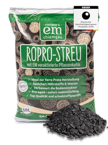 EM-Chiemgau RoPro-Streu Pflanzenkohle - Wurzelaktivator Bodenaktivator & Kompostbeschleuniger [Voraktiviert mit Effektiven Mikroorganismen] für Terra Preta, Bokashi, Humusaufbau, Garten & Stall (10 L) von Fischer’s EM-Chiemgau