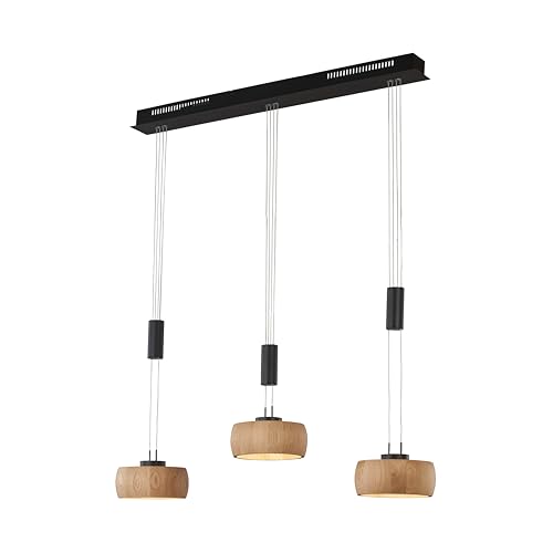 Fischer & Honsel Pendelleuchte, Shine-Wood | sandschwarz | Eiche Natur geölt | L: 100 cm, B: 20 cm | Höhenverstellbar 100 cm - 160 cm | über Wanddimmer stufenlos dimmbar | 61093 | EEG: F von Fischer & Honsel